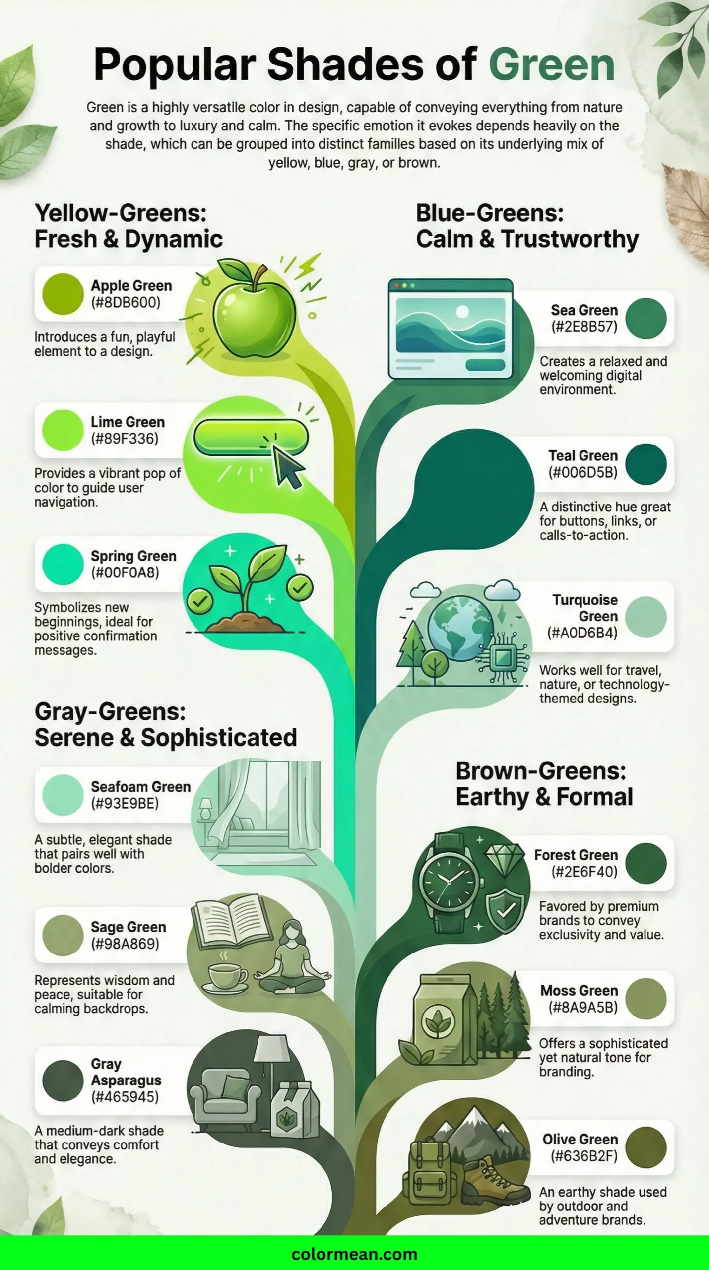 infographic showing popular shades of green